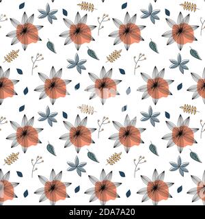 Cartoon flowers and rowan berries seamless vector pattern. Pattern is suitable for postcards, fabric, wrapping paper or posters Stock Vector