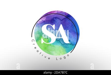 Watercolor SA S A letters Logo Design with Blue Green Purple Colors and Circular Brush Pattern. Stock Vector
