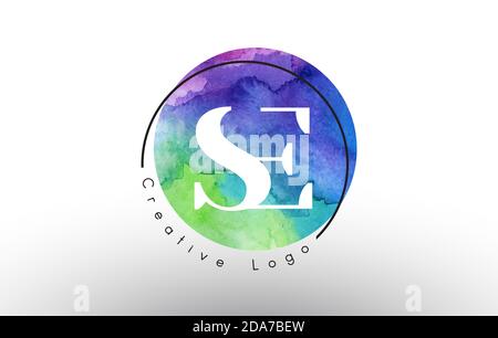 Watercolor SE S E letters Logo Design with Blue Green Purple Colors and Circular Brush Pattern. Stock Vector