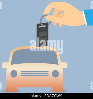 Hand holding a key in front of a car Stock Vector