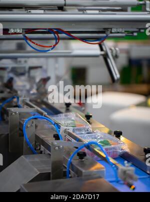 Automatic food flow wrapping machine. Food packaging machine Stock Photo