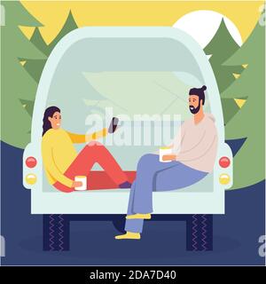 Cheerful young couple enjoy vacation sitting in rear of van, people in camper van, picnic in the forest in the house on wheels Stock Vector