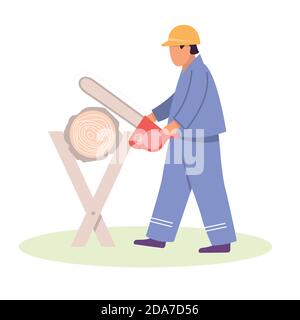 Lumberjack worker with chainsaw in protective gear cutting timber tree, man sawing up logs with chainsaw sow Stock Vector