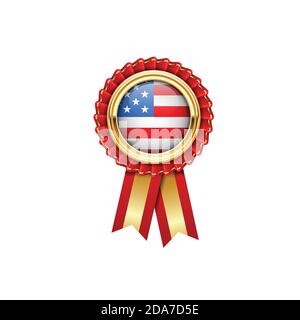 Red rosette with USA flag in gold badge, American award icon or quality symbol with flag of United States of America Stock Vector