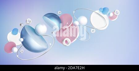 Abstract background with 3d geometric shapes on blue backdrop, pearl hemispheres, pink and white cylinders or circles with silver rings, Realistic vector banner for presentation or ads promotion Stock Vector