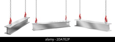 Steel beams hanging on chains with hooks, straight metal industrial girder pieces for construction and building works crane lifting iron balks isolated on white background, realistic 3d vector set Stock Vector