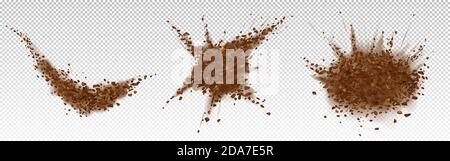 Coffee beans explosion, ground arabica powder with particles. Vector realistic illustration of shredded roasted coffee splash with grain pieces and brown dust isolated on transparent background Stock Vector