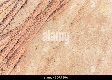 closeup tire tracks marks of motorcross on the soil. top view. flat lay Stock Photo