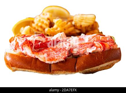 One fresh Maine lobster roll on a what background with waffle fries behind it. Stock Photo