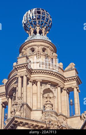 London, Westminster. The upper part of the tower of the London Coliseum, home of English National Opera, in St Martin's Lane. Stock Photo