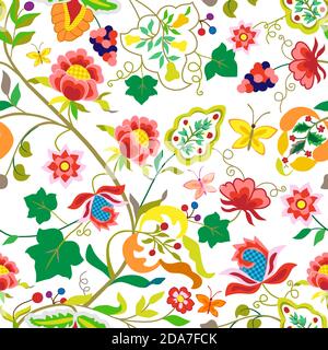 Folk flowers seamless pattern in vintage style isolated on white background. Vector print with ethnic flowers, leaves, grape branches and butterfly Stock Vector