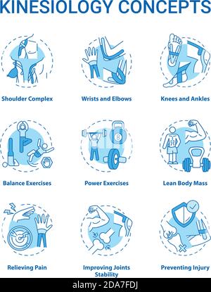 Kinesiology concept turquoise icons set Stock Vector