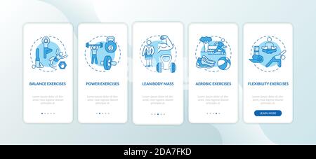 Exercises blue onboarding mobile app page screen with concepts Stock Vector