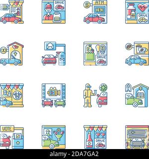 Drive through services RGB color icons set Stock Vector