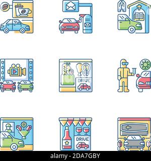 Drive in services RGB color icons set Stock Vector