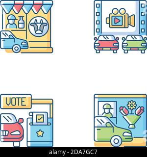 Drive in services RGB color icons set Stock Vector