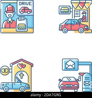 Car in drive thru lane RGB color icons set Stock Vector