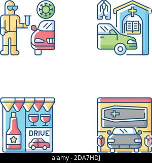 Drive thru services RGB color icons set Stock Vector