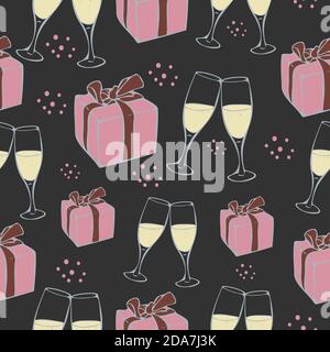 Vector seamless pattern with gift boxes and champagne glasses on a dark background. Gift design. Stock Vector