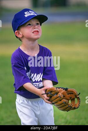A Little League baseball game underway at a city park in Redmond, Oregon, during the summer. Stock Photo