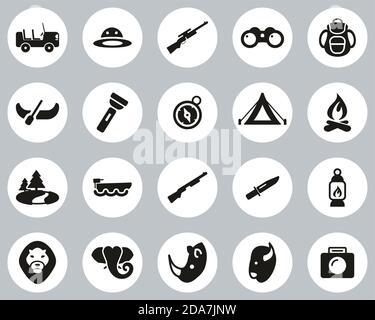 Safari Or Hunting Icons Black & White Flat Design Circle Set Big Stock Vector