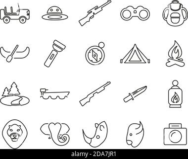 Safari Or Hunting Icons Black & White Thin Line Set Big Stock Vector