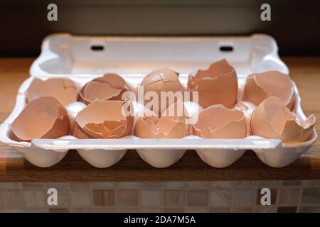 Cracked Eggs Broken Eggshells in Box Package Stock Photo