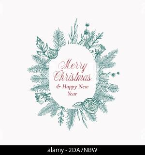 Merry Christmas Abstract Botanical Logo or Card with Oval Frame Banner and Modern Typography. Hand Drawn Spruce or Pine Branches and Flowers. Pastel Stock Vector