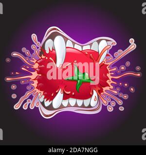 Cartoon illustration of vampire teeth biting a juicy tomato. Dark purple background Stock Photo
