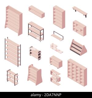 Bookshelf isometric - set of various cases and shelves for books for home and store interior design. Stock Vector