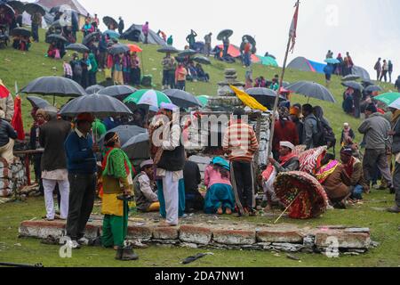 Chamoli, Uttarakhand, India, April 08 2014, Devotees of Nanda Devi Raj Jat religious yatra in Uttarakhand. The three-week-long Nanda Devi Raj Jat is a pilgrimage and festival of Uttarakhand in India.  Stock Photo