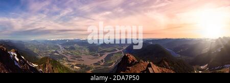 Panoramic View of Fraser Valley from top of Mountain, Cheam Peak Stock Photo