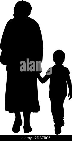 Silhouette of grandmother walking with grandson Stock Vector