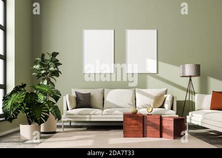Interior scene: living room with a sofa in a loft building. Two empty picture frames (70x100cm). Carpet on stone floor, floor lamp, fig tree and monst Stock Photo