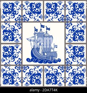 Majolica pottery tile, blue and white azulejo, original traditional Portuguese and Spain decor. Seamless patchwork tile with sea motives. Vector. Stock Vector