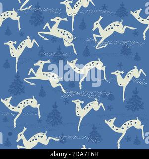 Seamless Pattern With Deer In Winter Forest. Christmas seamless pattern for greeting cards, wrapping paper. Hand drawn winter background. vector. Stock Vector