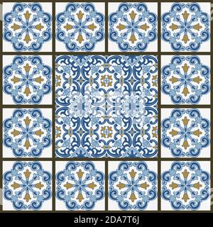 Majolica pottery tile, blue and white azulejo, original traditional Portuguese and Spain decor. Seamless patchwork tile with Victorian motives. Vector Stock Vector