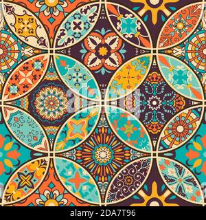 Seamless colorful tile with Islam, Arabic, Indian, ottoman motifs. Majolica pottery tile. Portuguese and Spain decor. Ceramic tile in talavera style. Stock Vector