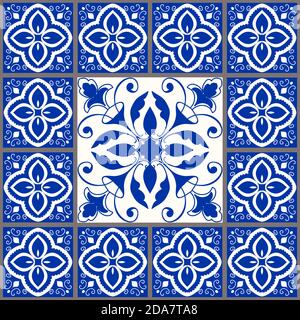 Majolica pottery tile, blue and white azulejo, original traditional Portuguese and Spain decor. Seamless Damask pattern. Hand drawn pattern. Vector. Stock Vector