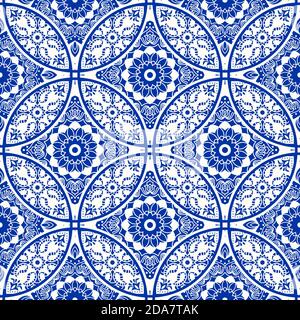 Majolica pottery tile, blue and white azulejo, original traditional Portuguese and Spain decor. Seamless Damask pattern. Hand drawn pattern. Vector. Stock Vector