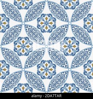 Majolica pottery tile, blue and white azulejo, original traditional Portuguese and Spain decor. Seamless patchwork tile with Victorian motives. Vector Stock Vector