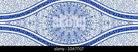 Majolica pottery tile, blue and white azulejo, original traditional Portuguese and Spain decor. Seamless border with Victorian motives. Vector. Stock Vector