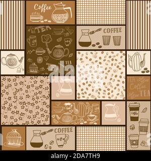 Seamless patchwork tile with hand drawn design elements: coffee beans, tea and coffee cups, dishes in brown and beige colors. Kitchen pattern. Vector. Stock Vector