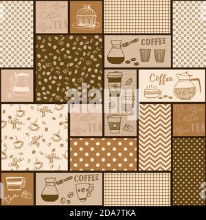 Seamless patchwork tile with hand drawn design elements: coffee beans, tea and coffee cups, dishes in brown and beige colors. Kitchen pattern. Vector. Stock Vector