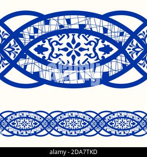 Majolica pottery tile, blue and white azulejo, original traditional Portuguese and Spain decor. Seamless border with Victorian motives. Vector. Stock Vector