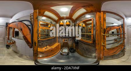 360 degree panoramic view of MINSK, BELARUS - MAY, 2018: full seamless hdri panorama 360 degrees angle view in interior of public restroom in steampunk style in equirectangular pr