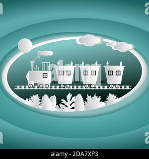Train on rails in paper cut style. Vector illustration. Stock Vector