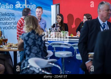 Colleagues having a drink attending the Amper event at the convention trade center in Brno. BVV Brno Exhibition center. Czech Republic Stock Photo