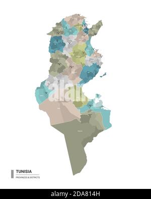 Tunisia higt detailed map with subdivisions. Administrative map of  Tunisia with districts and cities name, colored by states and administrative distr Stock Vector