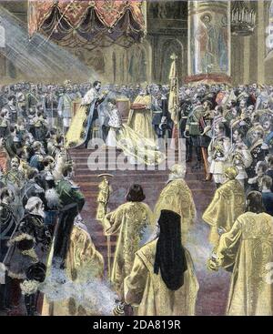 TSAR NICHOLAS II and Alexandra Feodorovna at their Coronation on 26 May 1896 in the Uspensky Cathedral inside the Kremlin Stock Photo